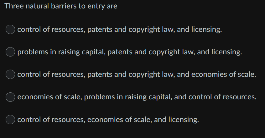Three natural barriers to entry are
control of resources, patents and copyright law, and licensing.
problems in raising capital, patents and copyright law, and licensing.
control of resources, patents and copyright law, and economies of scale.
economies of scale, problems in raising capital, and control of resources.
control of resources, economies of scale, and licensing.
