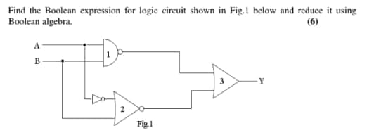 Find the Boolean expression for logic circuit shown in Fig.1 below and reduce it using
Boolean algebra.
(6)
A
B
Fig. 1
3
Y