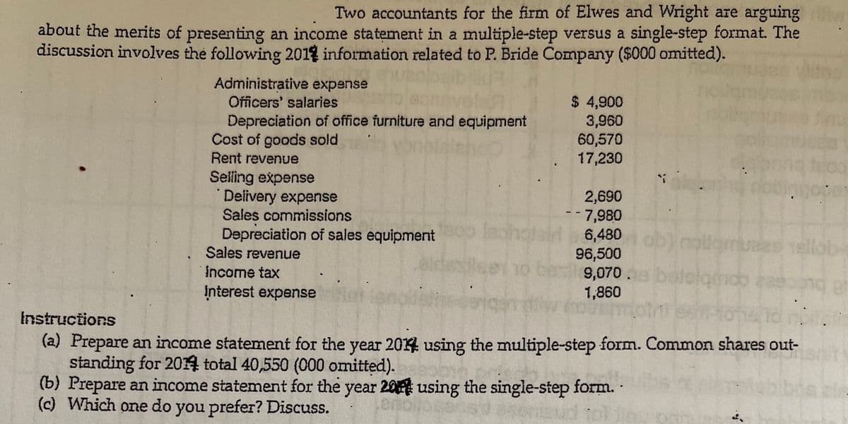Two accountants for the firm of Elwes and Wright are arguing
about the merits of presenting an income statement in a multiple-step versus a single-step format. The
discussion involves the following 2011 information related to P. Bride Company ($000 omitted).
Administrative expense
Officers' salaries
Depreciation of office furniture and equipment
Cost of goods sold
Rent revenue
$ 4,900
3,960
60,570
17,230
blelenco
Selling expense
"Delivery expense
Sales commissions
2,690
-- 7,980
6,480
96,500
sei1o berl 9,070.
Depreciation of sales equipment
Sales revenue
nollamuaes 1ellob-
income tax
delgindb
Interest expense
1,860
Instructions
(a) Prepare an income statement for the year 2014 using the multiple-step form. Common shares out-
standing for 2014 total 40,550 (000 omitted).
(b) Prepare an income statement for the year 20 using the single-step form.
(c) Which one do you prefer? Discuss.
