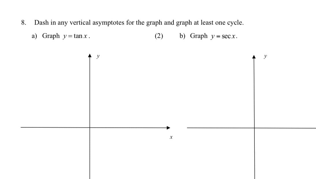 8.
Dash in
any
vertical
asymptotes for the graph and graph at least one cycle.
a) Graph y= tan x .
(2)
b) Graph y = secx.
y
y
