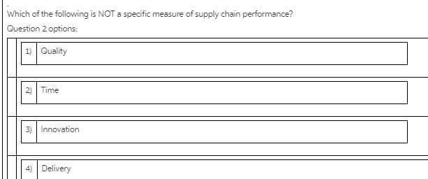 Which of the following is NOT a specific measure of supply chain performance?
Question 2 options:
1) Quality
2) Time
3) Innovation
Delivery

