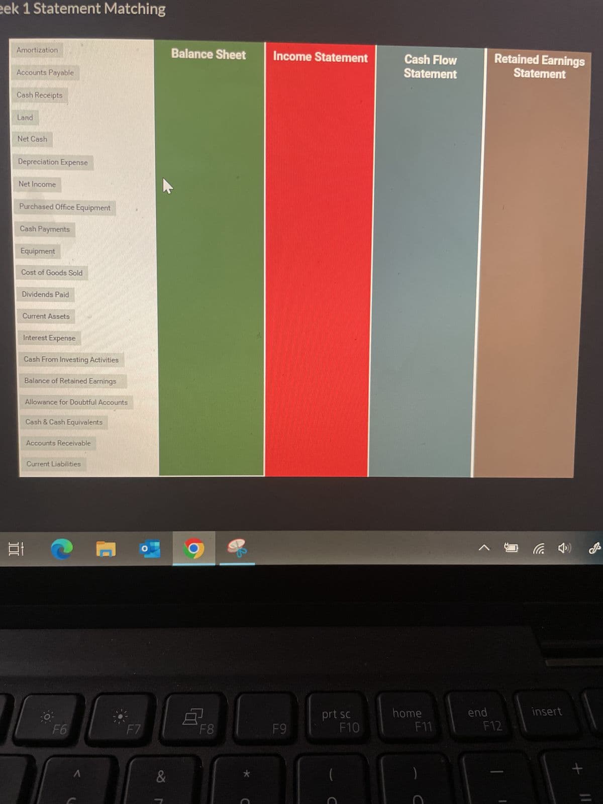 eek 1 Statement Matching
Amortization
JORN BART
Accounts Payable
R
Cash Receipts
Land
Net Cash
Depreciation Expense
Net Income
Purchased Office Equipment
Cash Payments
Equipment
Cost of Goods Sold
Dividends Paid
Current Assets
Interest Expense
Cash From Investing Activities
Balance of Retained Earnings
Allowance for Doubtful Accounts
Cash & Cash Equivalents
Accounts Receivable
Current Liabilities
ㅂㅇㄹ
F6
A
F7
&
J 2⁰
Balance Sheet
8
F8
*
Income Statement
F9
prt sc
F10
C
Cash Flow
Statement
home
F11
ㅅ
end
Retained Earnings
Statement
F12
(4) J
insert