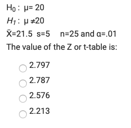 Ho: p= 20
H1: H #20
X=21.5 s=5 n=25 and a=.01
The value of the Z or t-table is:
2.797
2.787
2.576
2.213
