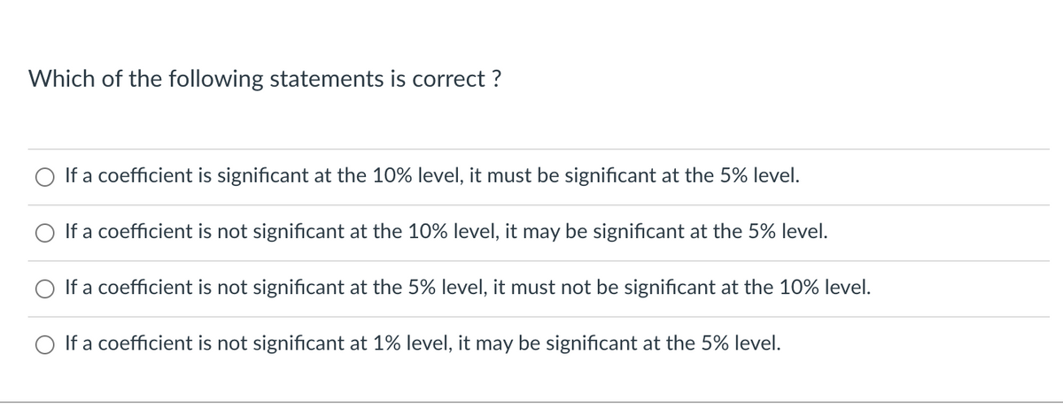 Which of the following statements is correct ?
If a coefficient is significant at the 10% level, it must be significant at the 5% level.
If a coefficient is not significant at the 10% level, it may be significant at the 5% level.
If a coefficient is not significant at the 5% level, it must not be significant at the 10% level.
O If a coefficient is not significant at 1% level, it may be significant at the 5% level.
