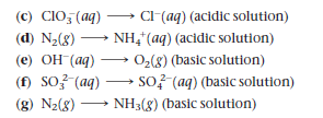 (c) CIO, (ag) → CIF(aq) (acidic solution)
(d) N2(8) → NH,"(aq) (acidic solution)
(e) OH (ag)
(f) So? (aq)
(g) N2(8) → NH3(8) (basic solution)
O2(8) (basic solution)
so? (aq) (basic solutlon)
