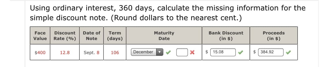 Using ordinary interest, 360 days, calculate the missing information for the
simple discount note. (Round dollars to the nearest cent.)
Face
Discount
Date of
Term
Maturity
Bank Discount
Proceeds
Value
Rate (%)
Note
(days)
Date
(in $)
(in $)
$400
12.8
Sept. 8
106
December
$ 15.08
$ 384.92
