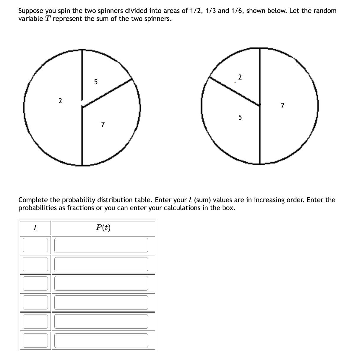 Suppose you spin the two spinners divided into areas of 1/2, 1/3 and 1/6, shown below. Let the random
variable T represent the sum of the two spinners.
2
t
5
7
2
5
7
Complete the probability distribution table. Enter your t (sum) values are in increasing order. Enter the
probabilities as fractions or you can enter your calculations in the box.
P(t)