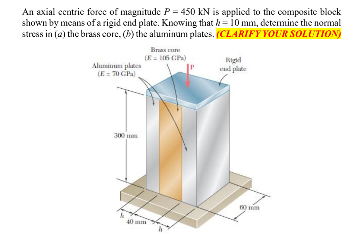An axial centric force of magnitude P = 450 kN is applied to the composite block
shown by means of a rigid end plate. Knowing that h = 10 mm, determine the normal
stress in (a) the brass core, (b) the aluminum plates. (CLARIFY YOUR SOLUTION)
Aluminum plates
(E = 70 GPa)
300 mm
h
Brass core
(E = 105 GPa)
40 mm
h
Rigid
end plate
60 mm