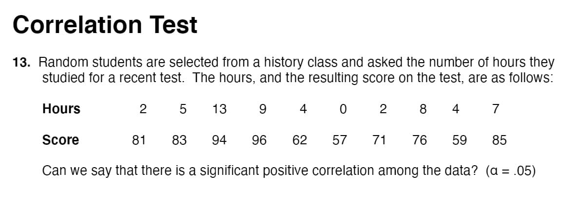 Correlation Test
13. Random students are selected from a history class and asked the number of hours they
studied for a recent test. The hours, and the resulting score on the test, are as follows:
Hours
13
4
8
4
7
Score
81
83
94
96
62
57
71
76
59
85
Can we say that there is a significant positive correlation among the data? (a = .05)
