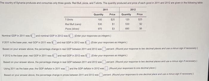 The country of Sylvania produces and consumes only three goods: Red Bull, pizza, and T-shirts. The quantity produced and price of each good in 2011 and 2012 are given in the following table:
2011
2012
T-Shirts
Red Bull (cans)
Pizza (slices)
Quantity
100
530
970
Price
$25
$1
$3
Quantity
120
530
890
Price
$25
$2
56
Nominal GDP in 2011 was $ and nominal GDP in 2012 was $
(Enter your responses as integers.)
If 2011 is the base year, real GDP in 2011 was $ and real GDP in 2012 was $ (Enter your responses as integers.)
Based on your answer above, the percentage change in real GDP between 2011 and 2012 was percent. (Round your response to two decimal places and use a minus sign if necessary.)
If 2012 is the base year, real GDP in 2011 was $ and real GDP in 2012 was $ (Enter your responses as integers.)
Based on your answer above, the percentage change in real GDP between 2011 and 2012 was
Using 2011 as the base year, the GDP deflator in 2011 was and the GDP deflator in 2012 was
Based on your answer above, the percentage change in prices between 2011 and 2012 was
percent. (Round your response to two decimal places and use a minus sign if necessary.)
(Round your responses to one decimal place.)
percent. (Round your responses to one decimal place and use a minus sign if necessary)