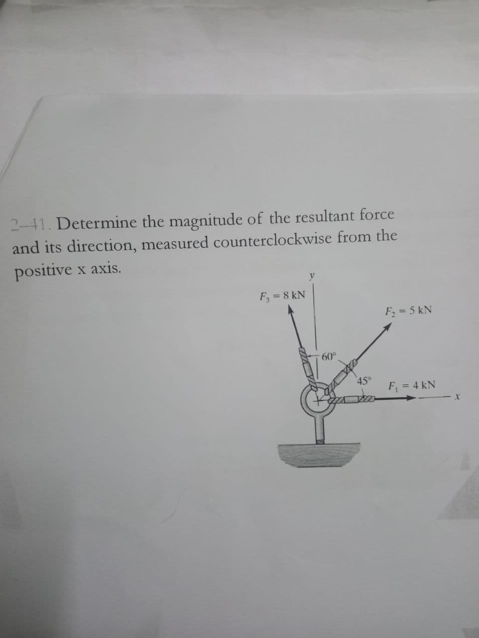 2-41. Determine the magnitude of the resultant force
and its direction, measured counterclockwise from the
positive x axis.
y
F = 8 kN
F = 5 kN
60°
45°
F = 4 kN
