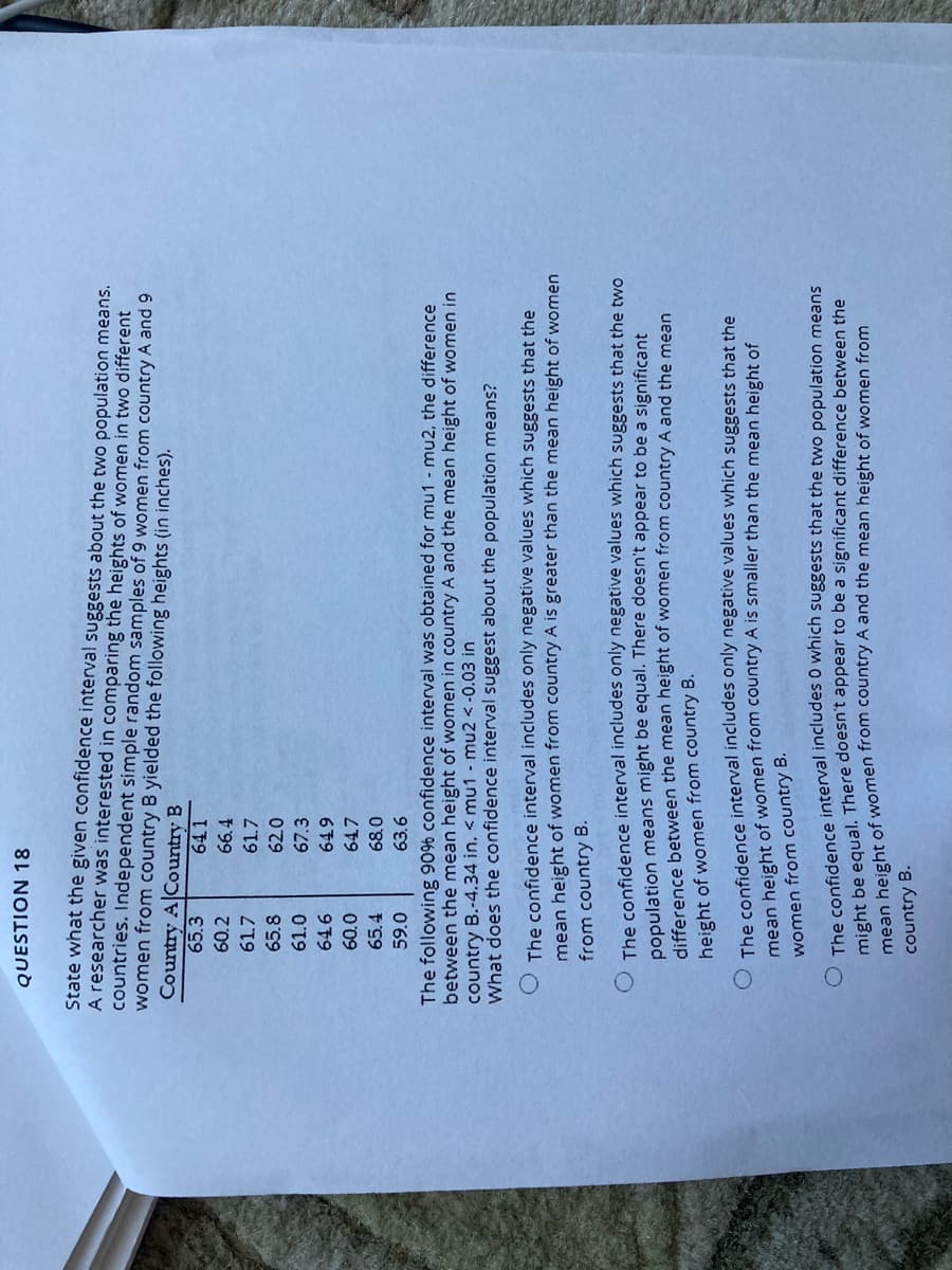 QUESTION 18
The 0 which that the two means
State what the given confidence interval suggests about the two population means.
A researcher was interested in comparing the heights of women in two different
countries. Independent simple random samples of 9 women from country A and 9
women from country B yielded the following heights (in inches).
Country A Country B
65.3
641
60.2
66.4
61.7
61.7
65.8
62.0
61.0
67.3
646
679
647
60.0
65.4
68.0
59.0
63.6
The following 90% confidence interval was obtained for mu1 - mu2, the difference
between the mean height of women in country A and the mean height of women in
country B.-4.34 in. < mu1 - mu2 < -0.03 in
What does the confidence interval suggest about the population means?
O The confidence interval includes only negative values which suggests that the
mean height of women from country A is greater than the mean height of women
from country B.
The confidence interval includes only negative values which suggests that the two
population means might be equal. There doesn't appear to be a significant
difference between the mean neight oT women from country A and the mean
height of women from country B.
The confidence interval inciudes only negative values which suggests that the
mean height of women trom country A is smaller than the mean heisbt of
women from country B.
oisht be equal. There doesntappear to be a significant difference between the
mean height of women iom coundy A and the mean height of women from
country B.
