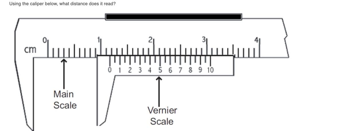Using the caliper below, what distance does it read?
cm
ở 1 2 3 4 5 6 7 8 9 10
Main
Scale
Vernier
Scale

