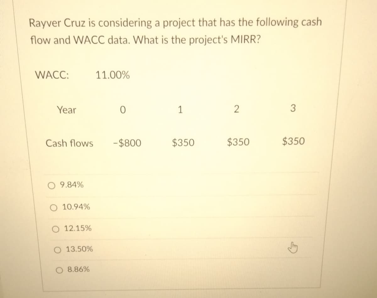 Rayver Cruz is considering a project that has the following cash
flow and WACC data. What is the project's MIRR?
WACC:
11.00%
Year
1
Cash flows
- $800
$350
$350
$350
9.84%
O 10.94%
12.15%
13.50%
8.86%
