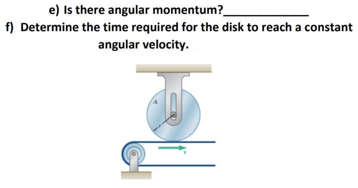 e) Is there angular momentum?
f) Determine the time required for the disk to reach a constant
angular velocity.
