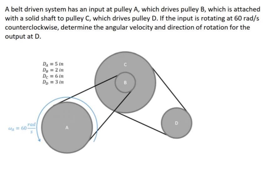 A belt driven system has an input at pulley A, which drives pulley B, which is attached
with a solid shaft to pulley C, which drives pulley D. If the input is rotating at 60 rad/s
counterclockwise, determine the angular velocity and direction of rotation for the
output at D.
DA = 5 in
Dg = 2 in
Dc = 6 in
Dp = 3 in
B
rad
WA = 60
D
A
