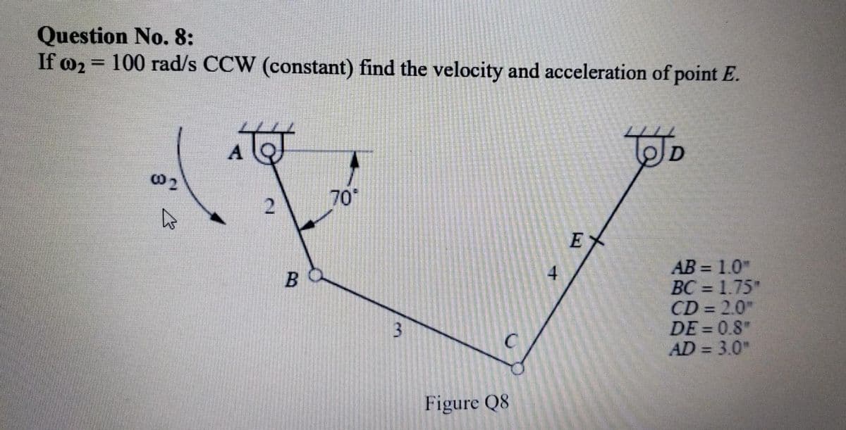 Question No. 8:
If w2 = 100 rad/s CCW (constant) find the velocity and acceleration of point E.
%3D
70
2
EX
AB = 1.0
BC = 1.75"
CD = 2.0
DE = 0.8"
AD = 3.0"
4.
Figure Q8
3.
