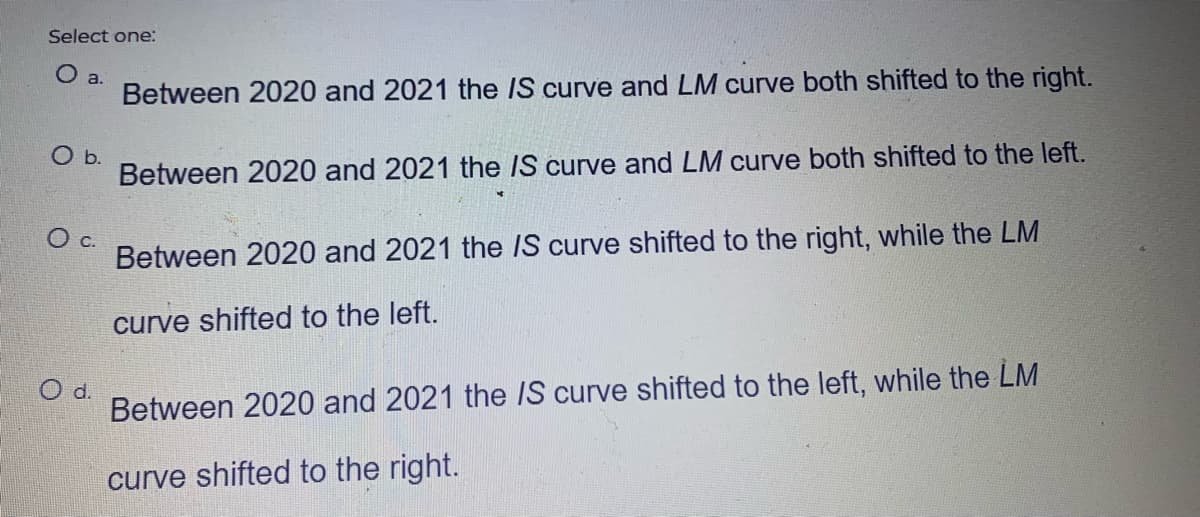 Select one:
O a.
Between 2020 and 2021 the IS curve and LM curve both shifted to the right.
O b.
Between 2020 and 2021 the IS curve and LM curve both shifted to the left.
O C.
Between 2020 and 2021 the IS curve shifted to the right, while the LM
curve shifted to the left.
O d.
Between 2020 and 2021 the IS curve shifted to the left, while the LM
curve shifted to the right.