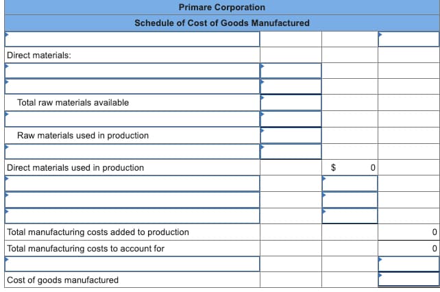 Direct materials:
Total raw materials available
Primare Corporation
Schedule of Cost of Goods Manufactured
Raw materials used in production
Direct materials used in production
Total manufacturing costs added to production
Total manufacturing costs to account for
Cost of goods manufactured
GA
0
0
0