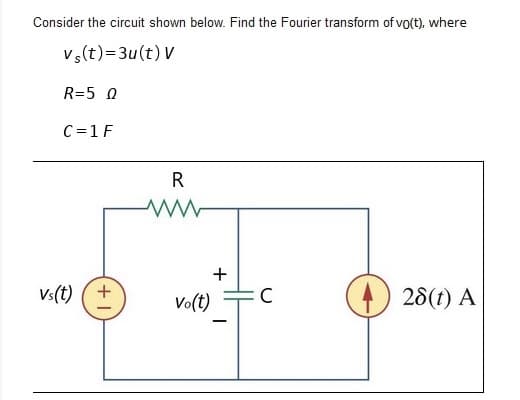 Consider the circuit shown below. Find the Fourier transform of vo(t), where
vs(t)=3u(t) V
R=5 0
C=1 F
+
Vs(t) (+
Vo(t)
28(t) A
