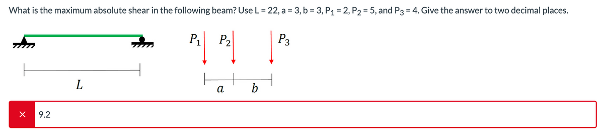 What is the maximum absolute shear in the following beam? Use L = 22, a = 3, b = 3, P₁ = 2, P₂ = 5, and P3 = 4. Give the answer to two decimal places.
× 9.2
L
Fu
P₁ P₂
a
b
P3