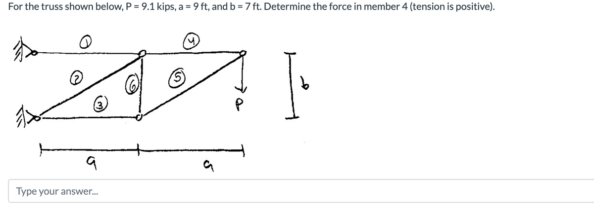 For the truss shown below, P = 9.1 kips, a = 9 ft, and b = 7 ft. Determine the force in member 4 (tension is positive).
q
Type your answer...
a