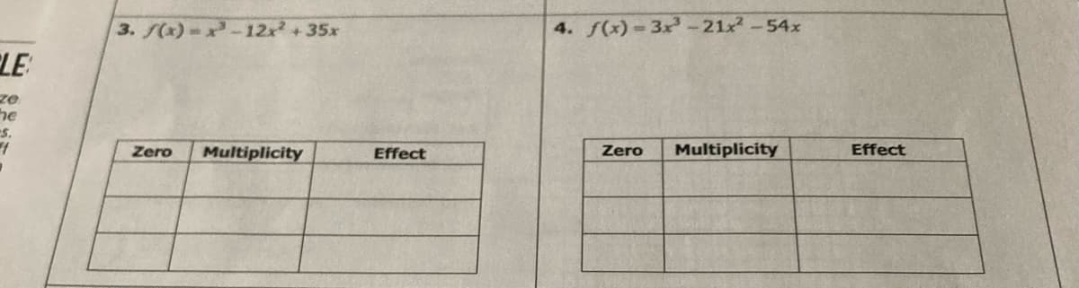 3. S(x)-x-12x +35x
4. (x)-3x-21x-54x
LE
ze
he
s.
Zero
Multiplicity
Effect
Zero
Multiplicity
Effect
