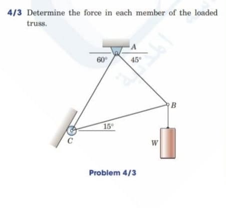 4/3 Determine the force in each member of the loaded
truss.
60°
45°
15
Problem 4/3

