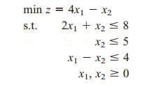 min z = 4x1
s.t.
2x1 + x2 < 8
X2 < 5
X - x2 < 4
X1, x2 2 0

