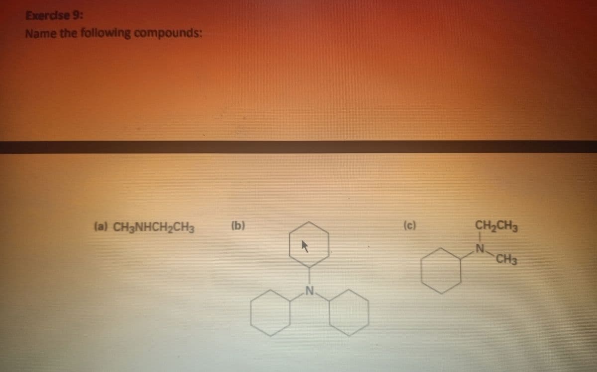 Exerdse 9:
Name the following compounds:
(a) CH3NHCH2CH3
(b)
(c)
CH2CH3
CH3
