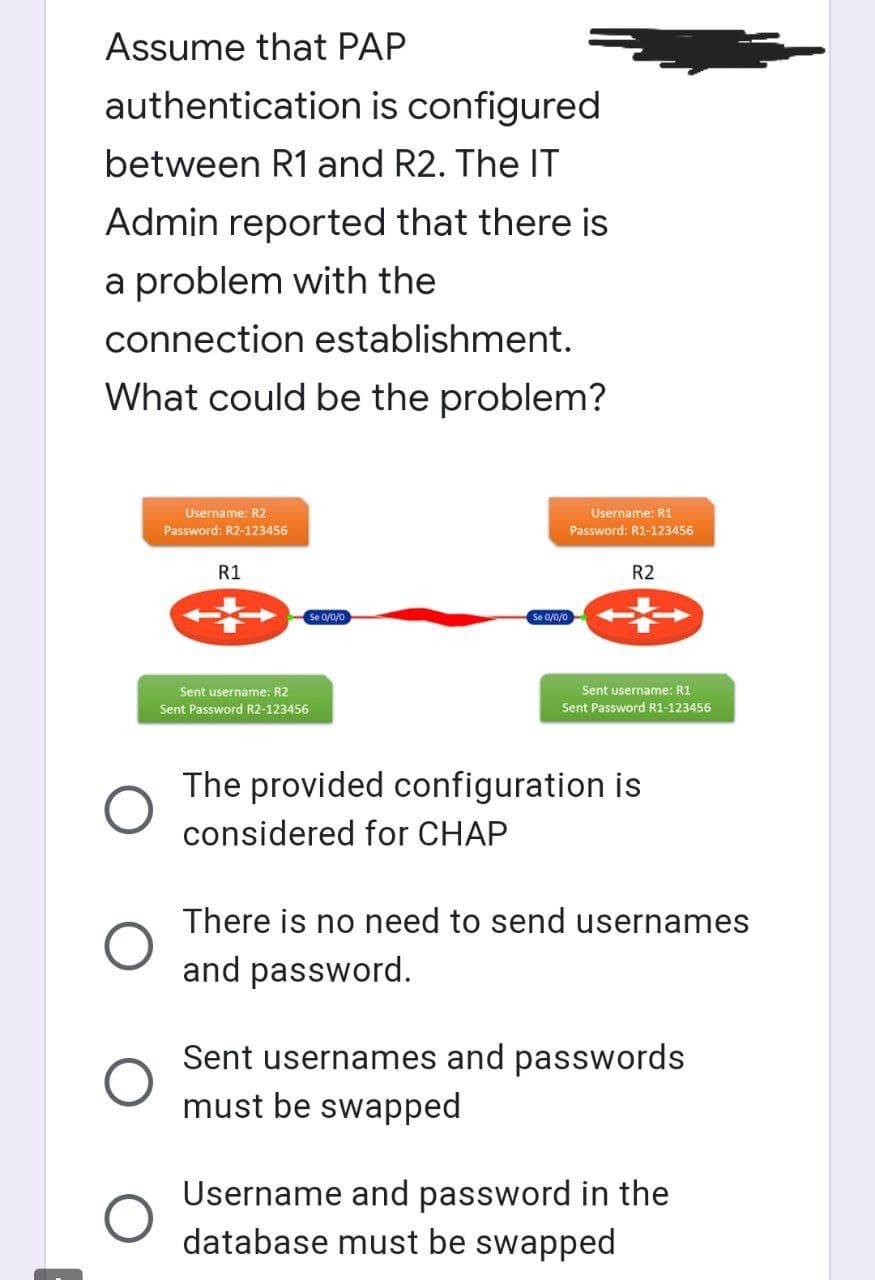 Assume that PAP
authentication is configured
between R1 and R2. The IT
Admin reported that there is
a problem with the
connection establishment.
What could be the problem?
Username: R2
Password: R2-123456
R1
Sent username: R2
Sent Password R2-123456
The provided configuration is
considered for CHAP
There is no need to send usernames
and password.
Sent usernames and passwords
must be swapped
Username and password in the
database must be swapped
Se 0/0/0
Username: R1
Password: R1-123456
R2
Sent username: R1
Sent Password R1-123456
Se 0/0/0