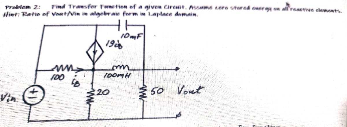 Problem 2: Find Transfor Fanction of a given Cirenit. Assume zero stored oner a on all'reaetive elements.
Hint: Ratio of VoutVin in aigebraie form in Laptace domain.
10mf
196
ID0
100MH
:20
50 Vout
Vin
