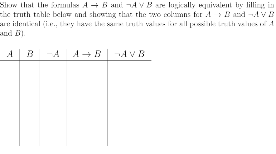 Show that the formulas A → B and ¬A V B are logically equivalent by filling in
the truth table below and showing that the two columns for A → B and ¬A V B
are identical (i.e., they have the same truth values for all possible truth values of A
and B).
А
В
¬A
А — В
¬A V B
