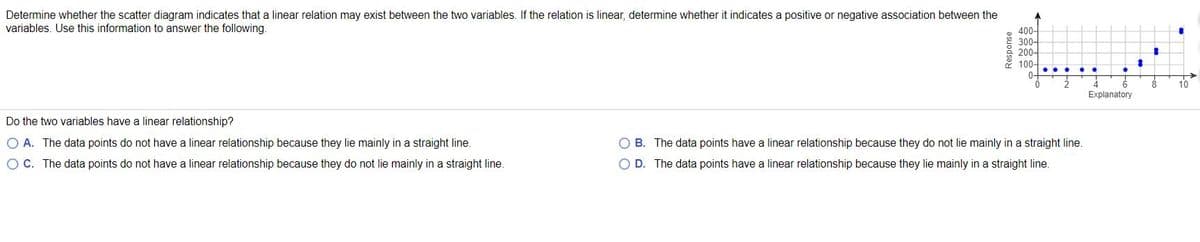 Determine whether the scatter diagram indicates that a linear relation may exist between the two variables. If the relation is linear, determine whether it indicates a positive or negative association between the
variables. Use this information to answer the following.
400-
300-
200-
100-
10
Explanatory
Do the two variables have a linear relationship?
O A. The data points do not have a linear relationship because they lie mainly in a straight line.
O B. The data points have a linear relationship because they do not lie mainly in a straight line.
OC. The data points do not have a linear relationship because they do not lie mainly in a straight line.
O D. The data points have a linear relationship because they lie mainly in a straight line.
