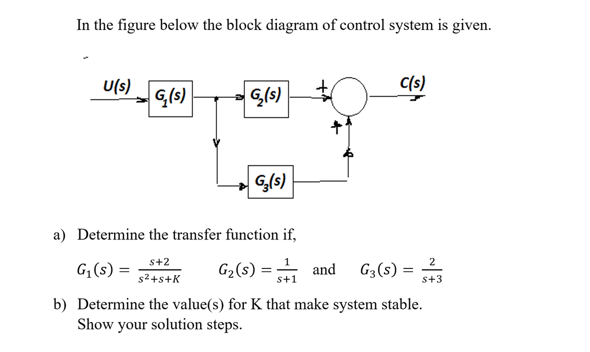 In the figure below the block diagram of control system is given.
C(s)
U(s)
G[s)
G/s)
a) Determine the transfer function if,
s+2
1
2
G,(s) =
G2(s) = 3+1
G3 (s) =
s+3
and
s2+s+K
b) Determine the value(s) for K that make system stable.
Show your solution steps.
