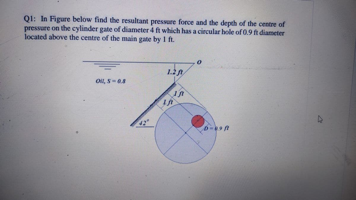 Q1: In Figure below find the resultant pressure force and the depth of the centre of
pressure on the cylinder gate of diameter 4 ft which has a circular hole of 0.9 ft diameter
located above the centre of the main gate by I ft.
1.2A
Oil, S= 0,8
42°
D= 0.9 ft

