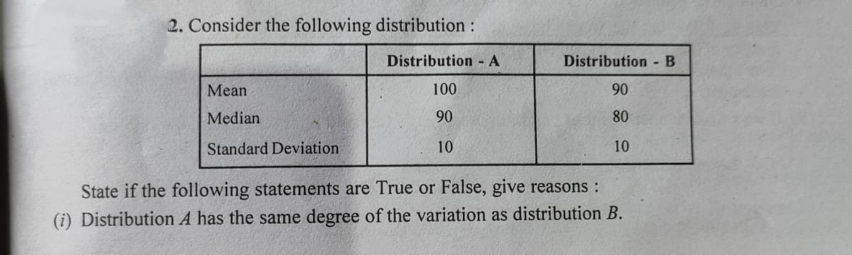 2. Consider the following distribution :
Distribution - A
Distribution -B
Mean
100
90
Median
90
80
Standard Deviation
10
10
State if the following statements are True or False, give reasons :
(i) Distribution A has the same degree of the variation as distribution B.
