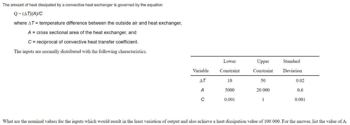 The amount of heat dissipated by a convective heat exchanger is governed by the equation
Q= (AT)(A)/C
where AT = temperature difference between the outside air and heat exchanger,
A = cross sectional area of the heat exchanger, and
C = reciprocal of convective heat transfer coefficient,
The inputs are normally distributed with the following characteristics.
Lower
Upper
Standard
Variable
Constraint
Constraint
Deviation
AT
10
50
0.02
A
5000
20 000
0.6
0.001
0.001
What are the nominal values for the inputs which would result in the least variation of output and also achieve a heat dissipation value of 100 000. For the answer, list the value of A.
