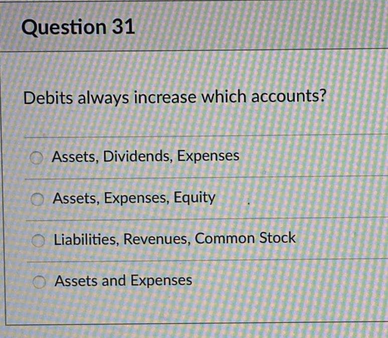 Question 31
Debits always increase which accounts?
Assets, Dividends, Expenses
Assets, Expenses, Equity
O Liabilities, Revenues, Common Stock
Assets and Expenses
