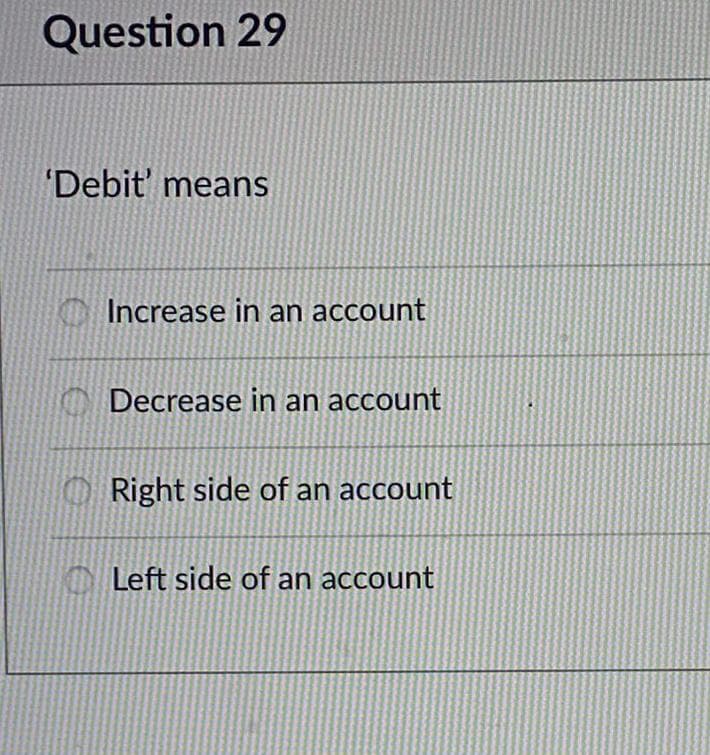 Question 29
'Debit' means
O
Increase in an account
Decrease in an account
Right side of an account
Left side of an account