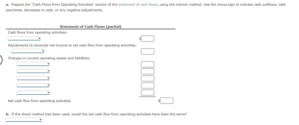 a. Prepare the "Cash Flows from Operating Activities" section of the statement of cash flows, using the indirect method. Use the minus sign to indicate cash outflows, cash
payments, decreases in cash, or any negative adjustments.
Statement of Cash Flows (partial)
Cash flows from operating activities:
Adjustments to reconcile net income to net cash flow from operating activities:
Changes in current operating assets and liabilities:
Net cash flow from operating activities
b. If the direct method had been used, would the net cash flow from operating activities have been the same?
