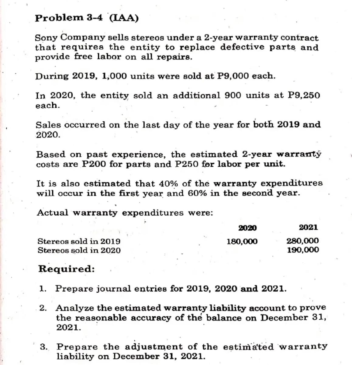 Problem 3-4 (IAA)
Sony Company sells stereos under a 2-year warranty contract
that requires the entity to replace defective parts and
provide free labor on all repairs.
During 2019, 1,000 units wère sold at P9,000 each.
In 2020, the entity sold an additional 900 units at P9,250
each.
Sales occurred on the last day of the year for both 2019 and
2020.
Based on past experience, the estimated 2-year warrantý
costs are P200 for parts and P250 for labor per unit.
It is also estimated that 40% of the warranty expenditures
will occur in the first year and 60% in the second year.
Actual warranty expenditures were:
2020
2021
280,000
190,000
Stereos sold in 2019
180,000
Stereos sold in 2020
Required:
1. Prepare journal entries for 2019, 2020 and 2021.
2. Analyze the estimated warranty liability account to prove
the reasonable accuracy of the balance on December 31,
2021.
3. Prepare the adjustment of the eştimated warranty
liability on December 31, 2021.
