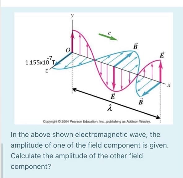 y
B
E
1.155x10'
T
E
B
Copyright © 2004 Poarson Education, Inc., publishing as Addison Wesiey.
In the above shown electromagnetic wave, the
amplitude of one of the field component is given.
Calculate the amplitude of the other field
component?
