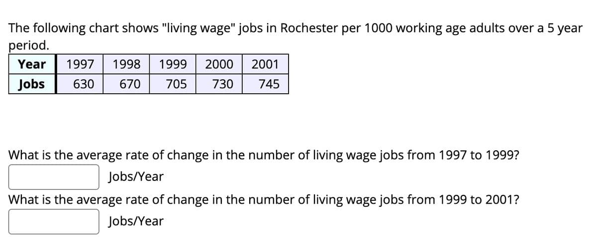 The following chart shows "living wage" jobs in Rochester per 1000 working age adults over a 5 year
period.
Year
1997
1998
1999
2000
2001
Jobs
630
670
705
730
745
What is the average rate of change in the number of living wage jobs from 1997 to 1999?
Jobs/Year
What is the average rate of change in the number of living wage jobs from 1999 to 2001?
Jobs/Year
