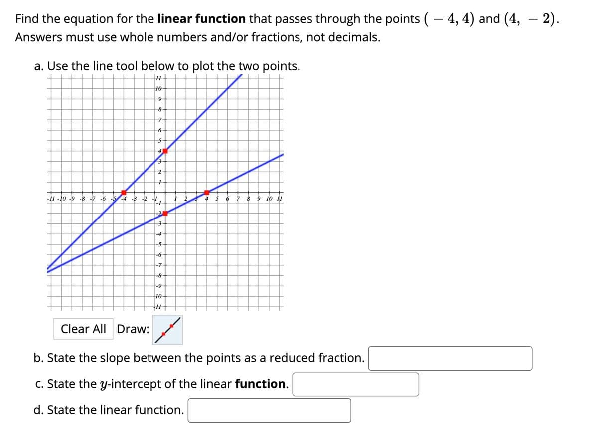 Find the equation for the linear function that passes through the points (– 4, 4) and (4, – 2).
Answers must use whole numbers and/or fractions, not decimals.
a. Use the line tool below to plot the two points.
10-
9
4
2
-11 -10 -9 -8 -7 -6 -5/-4 -3 -2
9 10 11
-2
-3
-4
-
-7
-8
-9
Clear All Draw:
b. State the slope between the points as a reduced fraction.
c. State the y-intercept of the linear function.
d. State the linear function.
