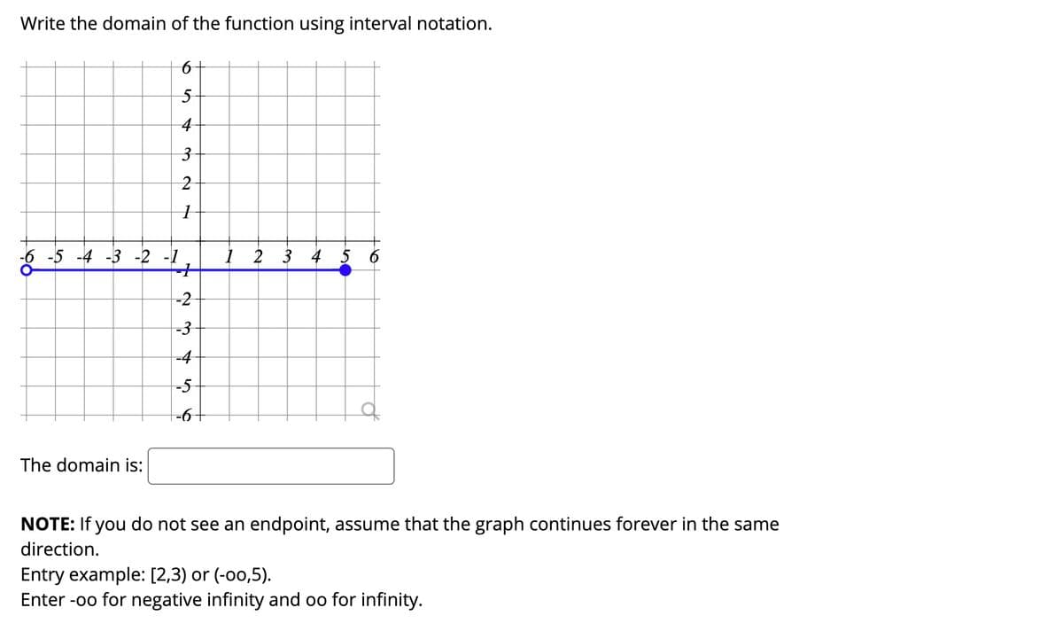 Write the domain of the function using interval notation.
4
6 -5 -4 -3 -2
1 2 3 4 5
-2
-3
-4
-5
-6-
The domain is:
NOTE: If you do not see an endpoint, assume that the graph continues forever in the same
direction.
Entry example: [2,3) or (-00,5).
Enter -00 for negative infinity and oo for infinity.
to
to
3.
