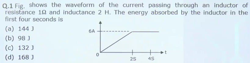 Q.1 Fig. shows the waveform of the current passing through an inductor of
resistance 19 and inductance 2 H. The energy absorbed by the inductor in the
first four seconds is
(a) 144 J
(b) 98 J
(c) 132 J
(d) 168 J
6A
25
45