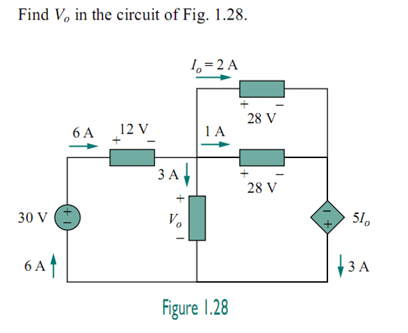 Find V, in the circuit of Fig. 1.28.
I, =2 A
28 V
6 A
12 V
1 A
ЗА
3.
28 V
+
30 V
V.
51.
6 Af
13 A
Figure 1.28
(+ 1
