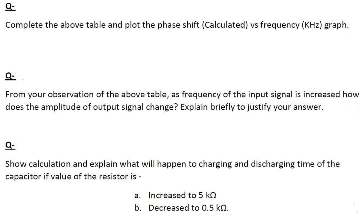 Q-
Complete the above table and plot the phase shift (Calculated) vs frequency (KHz) graph.
Q-
From your observation of the above table, as frequency of the input signal is increased how
does the amplitude of output signal change? Explain briefly to justify your answer.
Q-
Show calculation and explain what will happen to charging and discharging time of the
capacitor if value of the resistor is -
a. Increased to 5 kn
b. Decreased to 0.5 kQ.
