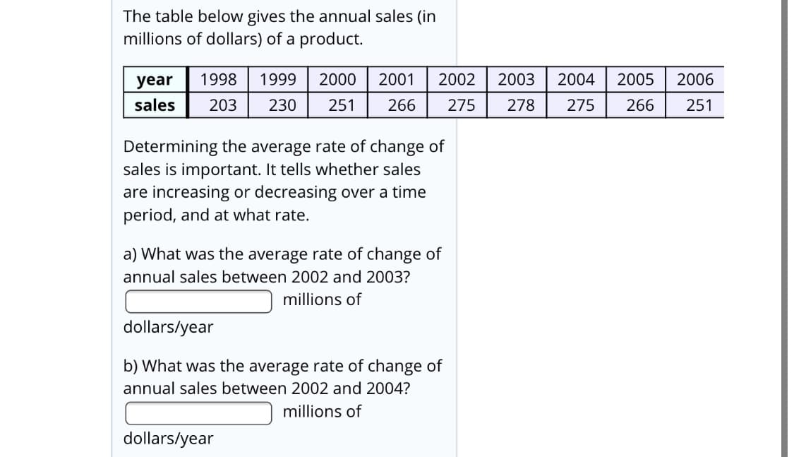 The table below gives the annual sales (in
millions of dollars) of a product.
2002
2003
1998
1999
2000
2001
2004
2005
2006
year
sales
203
230
251
266
275
278
275
266
251
Determining the average rate of change of
sales is important. It tells whether sales
are increasing or decreasing over a time
period, and at what rate.
a) What was the average rate of change of
annual sales between 2002 and 2003?
millions of
dollars/year
b) What was the average rate of change of
annual sales between 2002 and 2004?
millions of
dollars/year
